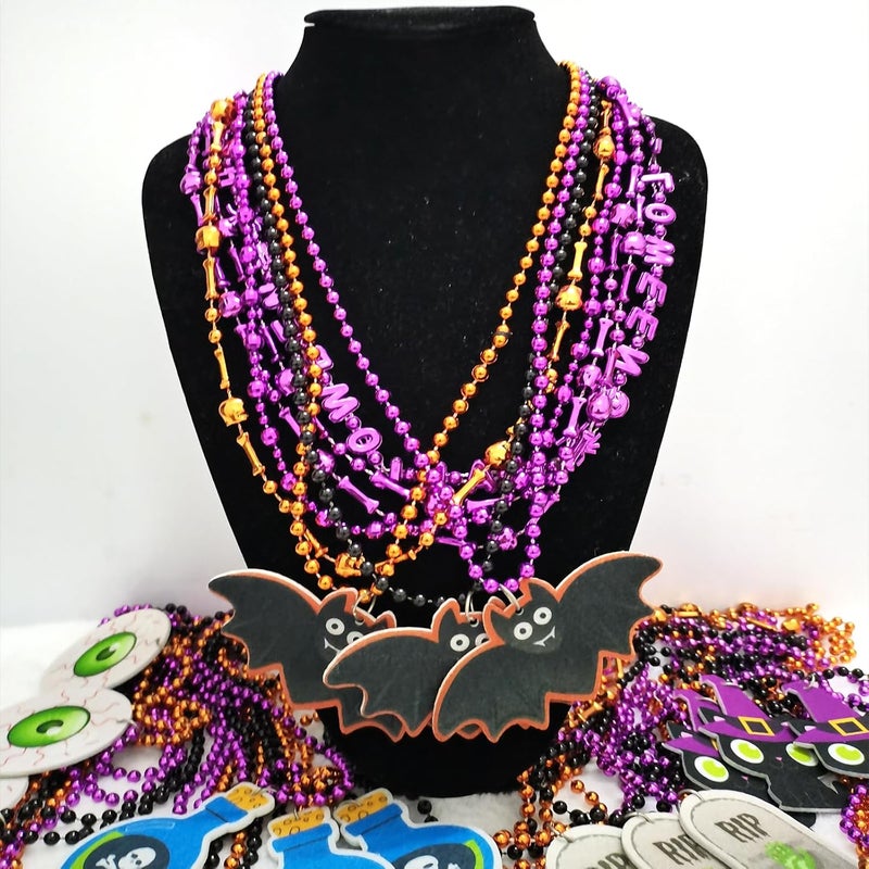 Becfupo 100, 200Pcs Halloween Bead Necklaces Bulk In Multiple-Shapes, Purple Orange Black Beads Necklaces With Pumpkin Ghost Bat Pendants For Halloween Party Decoration - Image 3